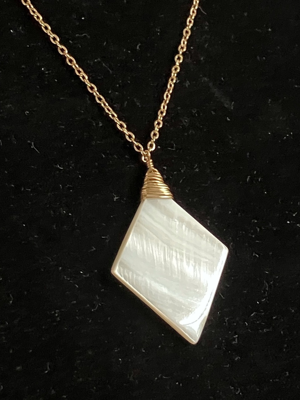 Artisan Wire Wrapped Iridescent Mother of Pearl Diamond-Shaped Pendant Necklace